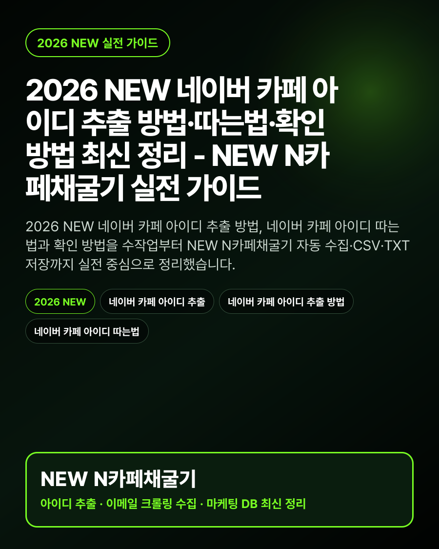 2026 NEW 네이버 카페 아이디 추출 방법·따는법·확인 방법 최신 정리 - NEW N카페채굴기 실전 가이드 대표 이미지
