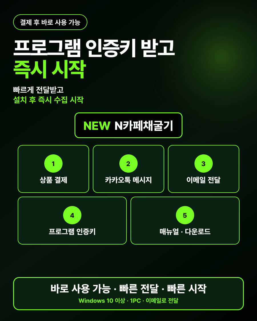 N카페채굴기 결제 후 카카오톡과 이메일로 프로그램 인증키·매뉴얼·다운로드 링크를 받는 단계